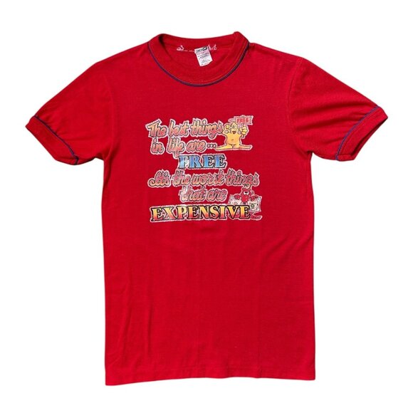 80s Vintage “Best Things in Life are Free” T-shirt Iron On Angel Devil Cartoon. - Picture 1 of 8
